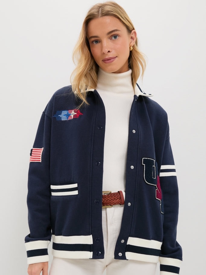 Tuckernuck Navy Albright Fleece Varsity Jacket Size Large Nwt